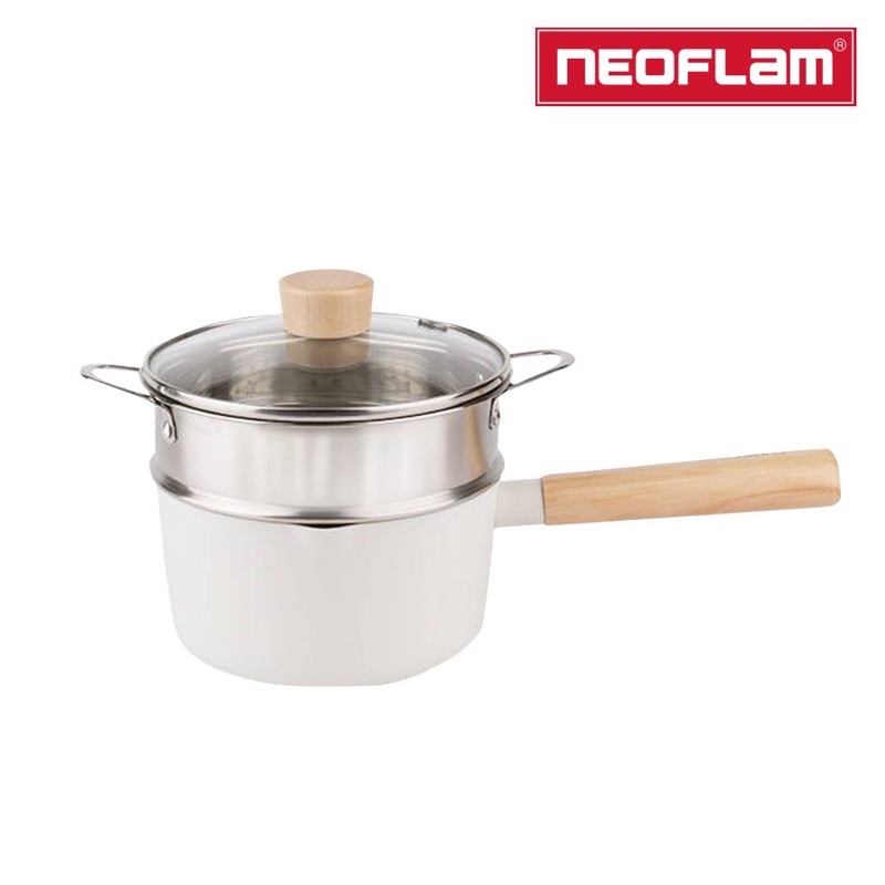NEOFLAM FIKA系列鑄造單柄湯鍋16CM+不銹鋼蒸籠 單人鍋 蒸鍋 醬料鍋 湯鍋 牛奶鍋 嬰兒輔食鍋