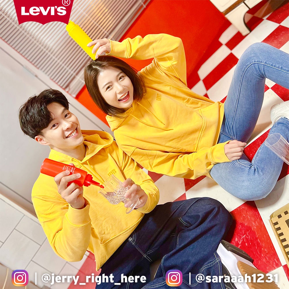 Levis 口袋帽T/刺繡Serif Logo/寬鬆落肩設計/洗舊芥末黃 男女同款 熱賣單品 85534-0002