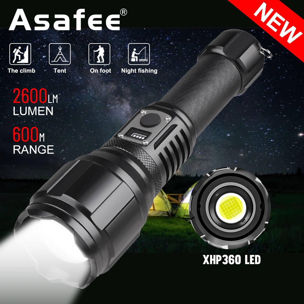 Asafee 2600LM 2004A 短 XHP360 LED 超亮戶外野營手電筒伸縮變焦按下開關 5 檔開關, 採用