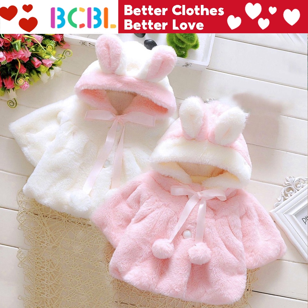 女嬰冬季皮草大衣兔子耳朵外套厚外套保暖模糊外套女嬰粉紅色白色