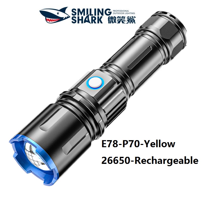 微笑鯊黃光手電筒 Led XHP70大功率超亮遠射 USB可充電26650 5000流明100W暖光捕魚抓蝦戶外登山照明