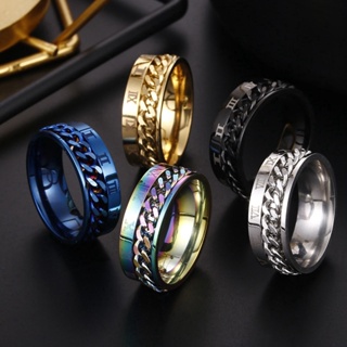 全新歐美個性羅馬數字鈦鋼指環，可轉動鏈條戒指簡約風格創男女不銹鋼戒指。