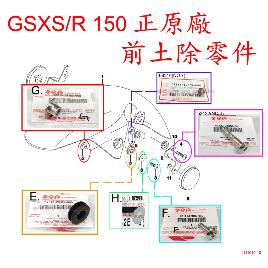 APO~F4-53~正SUZUKI原廠零件/前土除螺絲/前土除減震墊/GSXS150/GSXR150/53121-23K