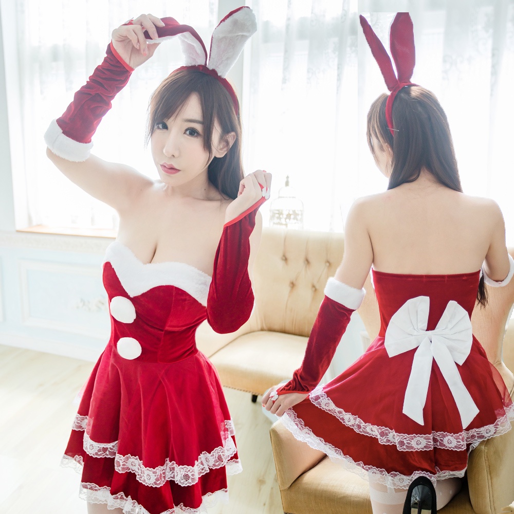 M-3XL聖誕節衣服 中大尺聖誕服 碼露肩洋裝聖誕裝兔女郎JHS8356