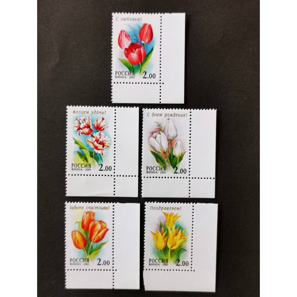 (C9832)俄羅斯2001年植物 花卉 鬱金香(帶邊紙)郵票5全