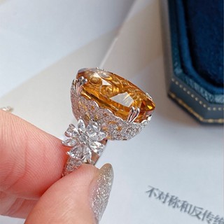 Bling 高級大克拉鋯石網紅直播熱賣爆閃新品仿真黃水晶滿鑽開口戒指女