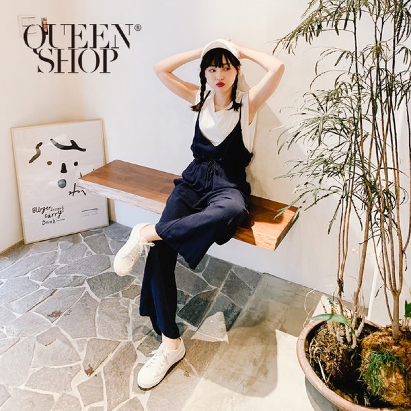 【二手】Queenshop 簡約素色細肩棉麻連身褲 吊帶褲