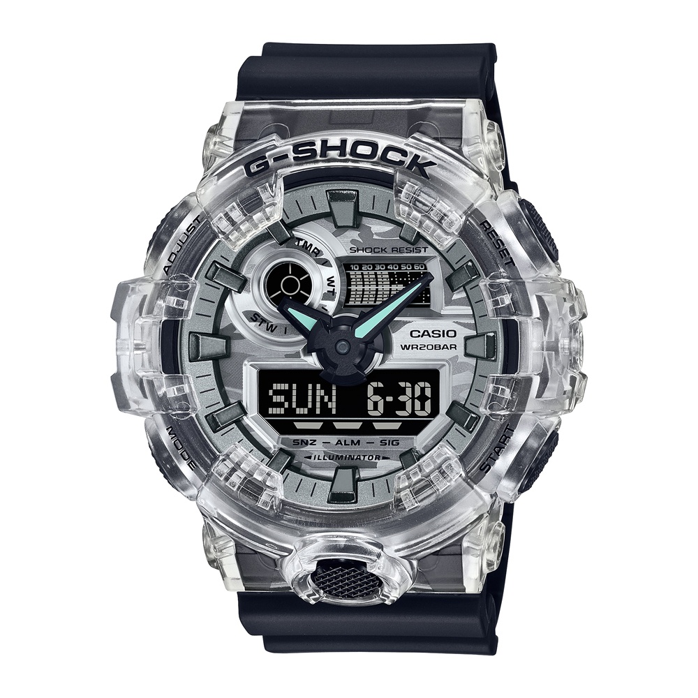 CASIO卡西歐 男 G-SHOCK 時尚透明迷彩大錶徑雙顯腕錶(GA-700SKC-1A)