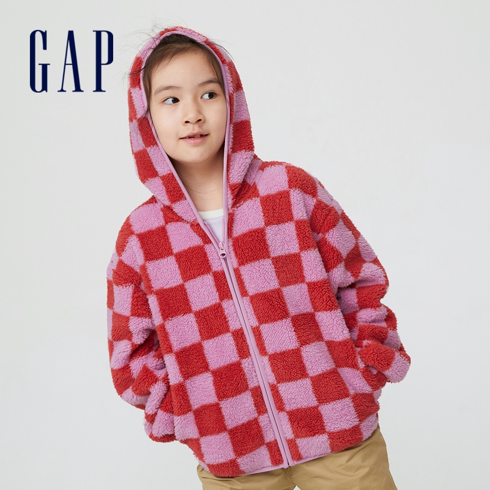 Gap 女童裝 刷毛連帽外套 抱抱絨系列-粉色棋盤格(451291)