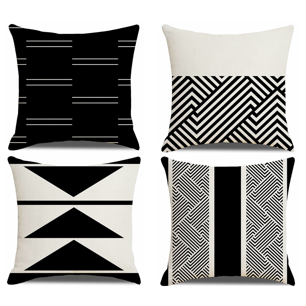 黑色幾何亞麻抱枕套 時尚房屋裝飾沙發坐墊套 正方形加大抱枕套 單面雙面印花70 × 70 .60 × 60.50 ×50