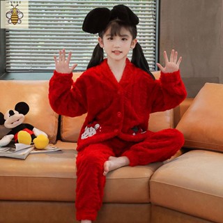 小蜜蜂童裝 女童長袖睡衣居家服琳娜貝兒女童睡衣兒童秋冬季珊瑚絨加厚款法蘭絨中大童家居服套裝