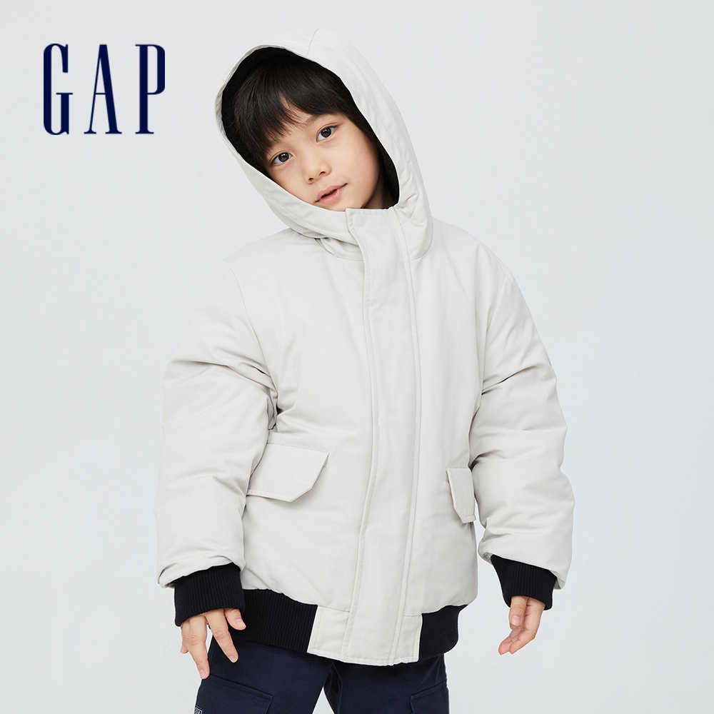 Gap 兒童裝 歐美風加厚連帽羽絨外套(2-14歲) 大絨朵羽絨系列-灰白色(439970)