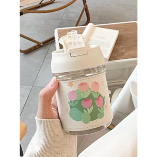 原創鬱金香杯子雙飲水壺塑膠隨手杯吸管杯水壺背帶水壺吸管可愛水壺500ml水壺小紅書ins咖啡杯
