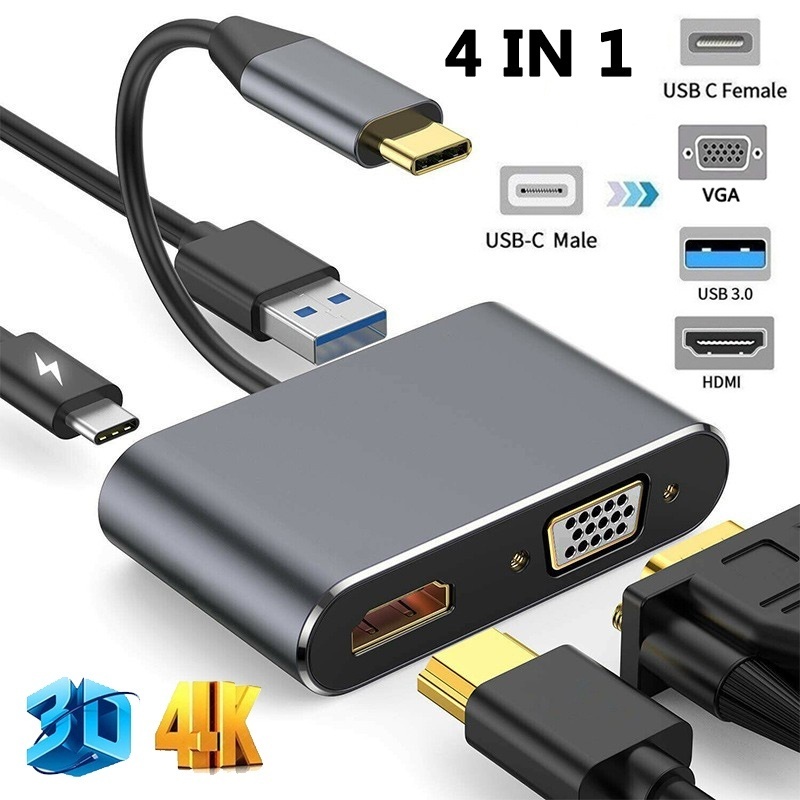 4 合 1 USB3.1 C 型轉 HDMI 4K VGA USB 3.0 PD 適配器音頻視頻轉換器 USB C HD