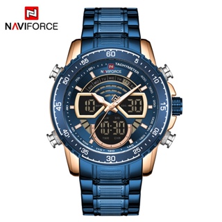 Naviforce LED 手錶男士頂級品牌豪華銀不銹鋼運動男鐘數字石英軍事男士手錶 9189
