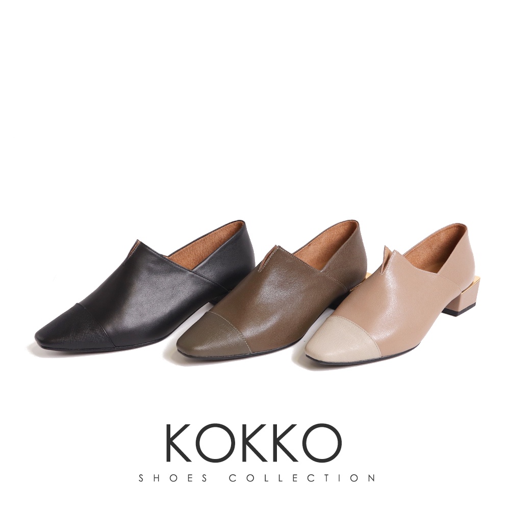 KOKKO寬腳友好雙皮革拼接特色方形低跟鞋