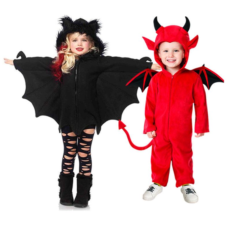 ✌ 【現貨 兒童cosplay服裝道具】萬聖節男童服裝兒童女童裝寶寶穿的衣服黑色蝙蝠裝紅色小惡魔裝的急速出貨a