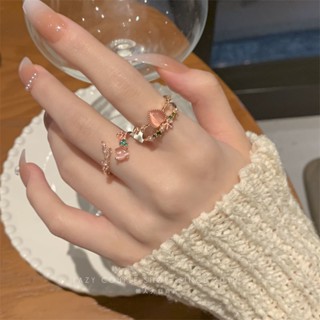 熱銷新品 少女係~粉色愛心貓眼石 雙層疊戴戒指 女ins高階感鋯石指環開口溫柔戒指