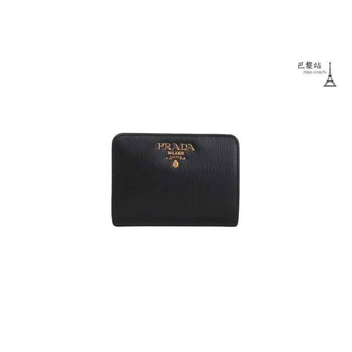 【巴黎站二手名牌專賣店】＊全新現貨＊PRADA 真品＊黑色防刮牛皮金LOGO 雙面釦短夾