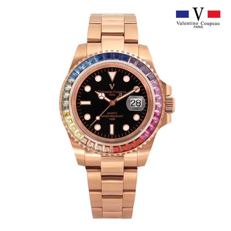 【范倫鐵諾 Valentino Coupeau】T61589AAR 玫瑰金彩虹梯鑽圈經典潛水錶