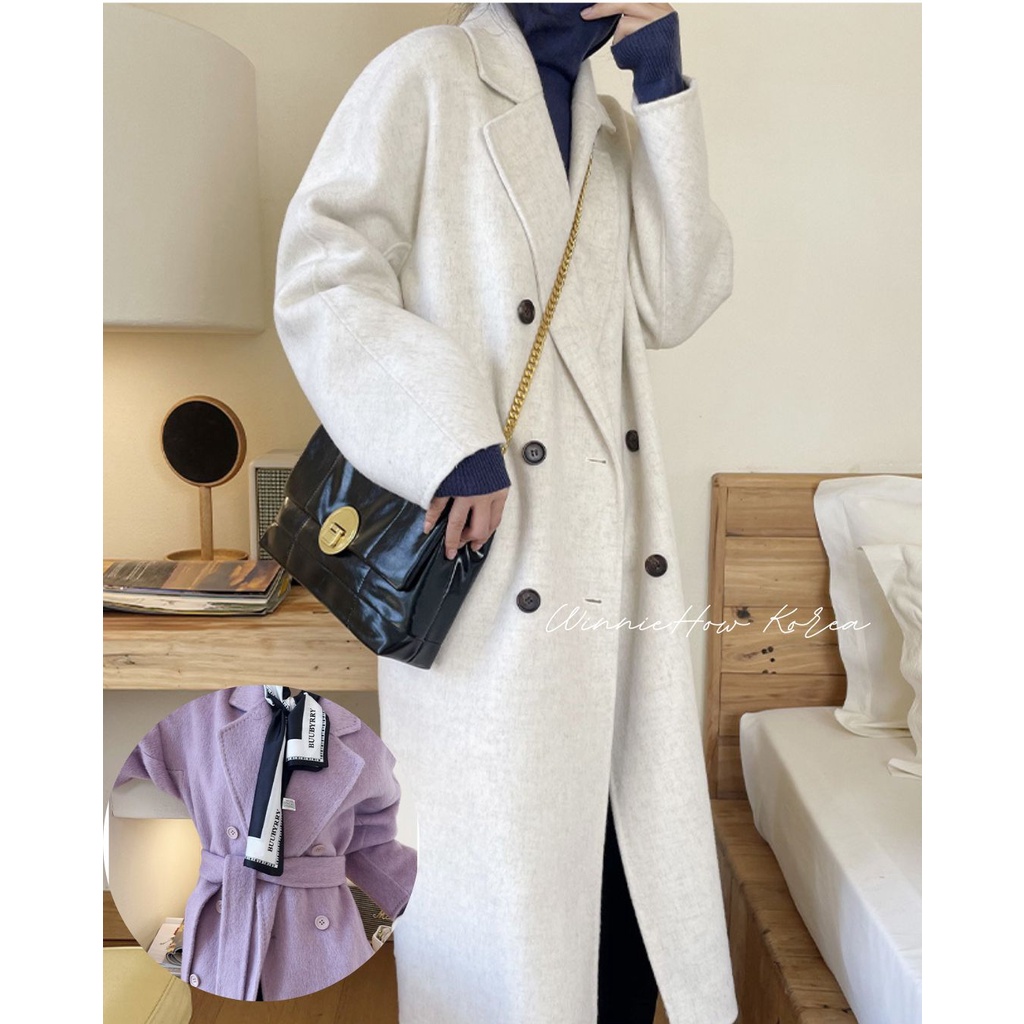 正韓🇰🇷handmade wool80%手工雙面羊毛10%安哥拉兔毛長版氣質翻領綁帶大衣外套2色(白紫) W2214