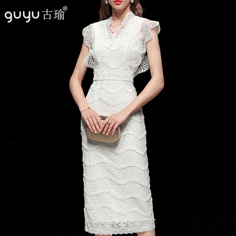 復古蕾絲連身洋裝無袖【現貨S-XL 】2022新款夏天合身過膝白色洋裝 尺碼洋裝