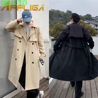 臺灣熱銷排扣長款過膝風衣 男大碼寬鬆垂感薄款ins中長款大衣男 男士中長款風衣外套 韓版休閒大衣 英倫翻領保暖長版外套