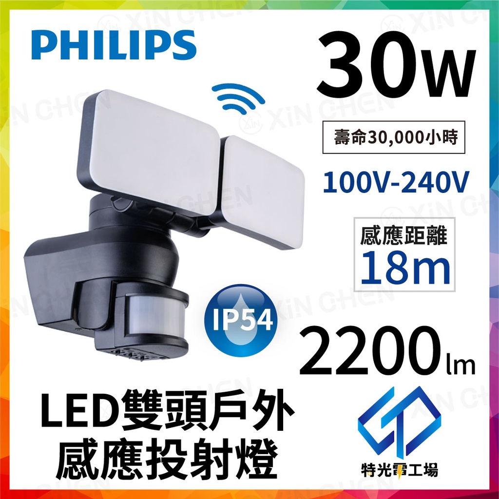 Philips飛利浦 30W LED感應式雙頭投射燈 BWS220 6500K白光 投光燈 探路燈 探照燈