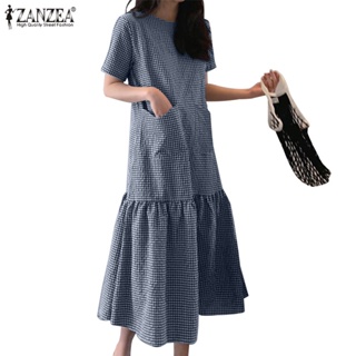 Zanzea 女士韓版日常休閒時尚格子荷葉邊下擺短袖圓領長連衣裙