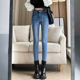 韓版刷毛牛仔褲 高腰復古窄管褲 時尚減齡緊身窄管褲長褲女