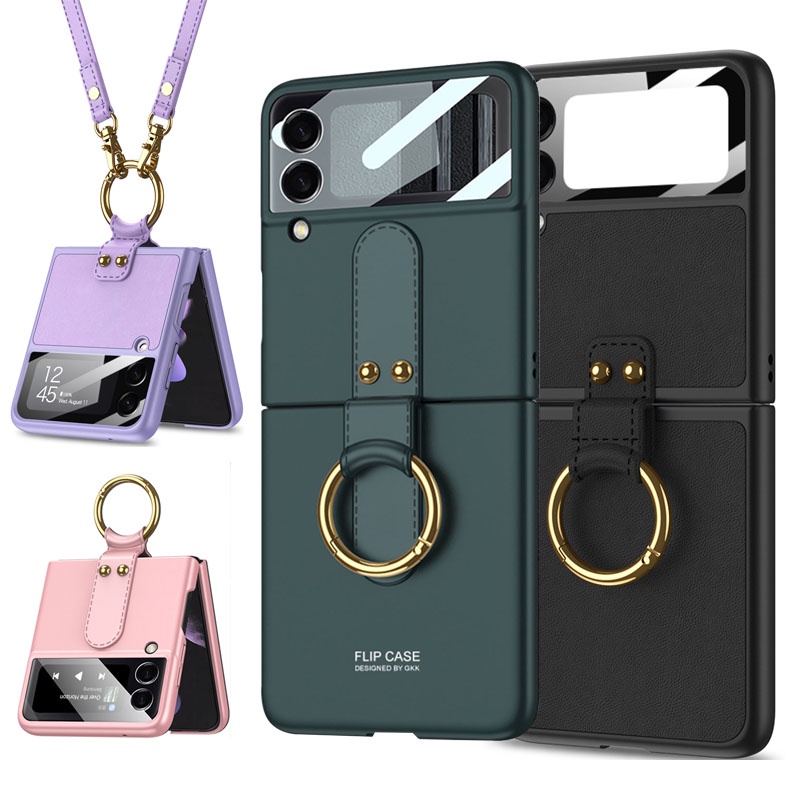 三星Galaxy Z Flip 3 Flip 4 手機殼 素皮 指環扣 支架 揹帶手機殼 時尚 個性 摺疊手機殼 保護套