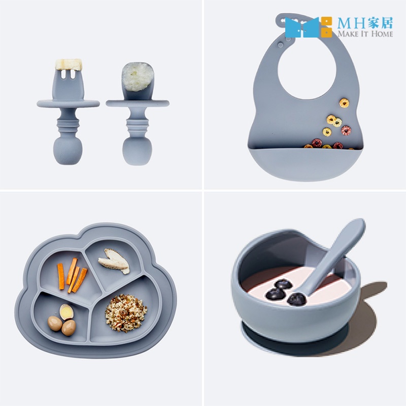 MH家居 韓國兒童學習餐具四入組 圍兜+叉匙+湯碗+餐盤 寶寶用品 兒童餐具