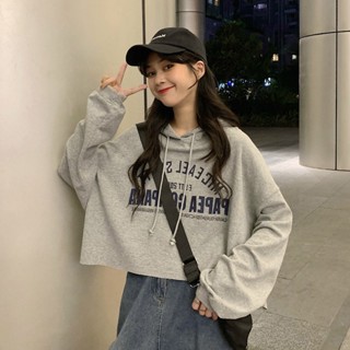 秋冬韓版寬鬆字母薄款短版帽T 薄衛衣 連帽衛衣 T恤女 大學T 女生長袖t恤 長t 大學T 女生衣著 上衣 長袖 帽t