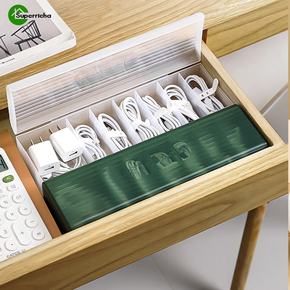 7 格數據線收納盒手機充電線收納盒翻蓋塑料多功能綠色白色簡單分類桌面辦公桌抽屜配件