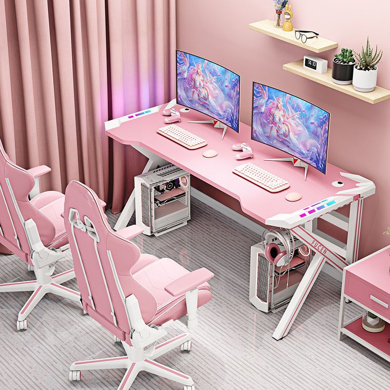 【電腦桌】【書桌】電競桌粉色臺式電腦桌家用臥室網紅直播少女游戲桌椅套裝書桌帶燈