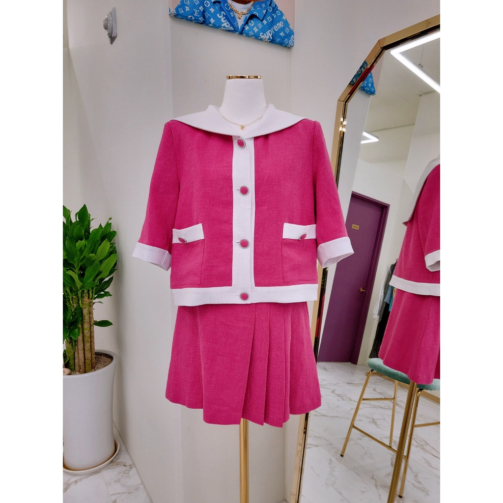 韓式亞麻襯衫和裙子套裝 - 粉色可供選擇