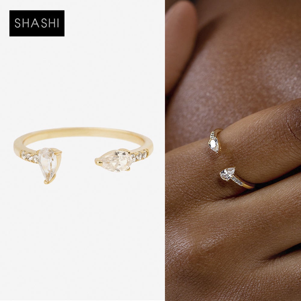 SHASHI 紐約品牌 Alana 橄欖形白鑽戒指 簡約C型金色戒指