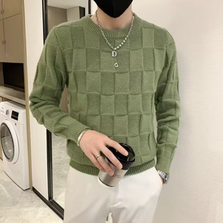 圓領毛衣男 M-3XL素色格子寬鬆休閒羊毛衫線衣 時尚男裝打底針織衫男 冬季情侶針織衫外套