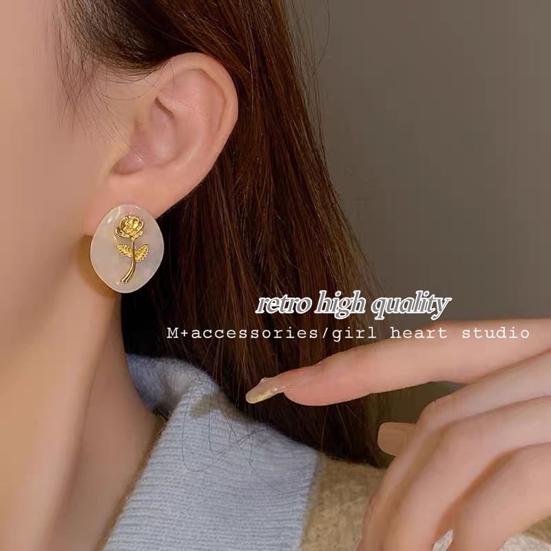 ✨M+小飾✨ 現貨｜s925銀針 法式復古凡爾賽玫瑰醋酸耳環 輕奢高級感耳飾 優雅氣質造型耳釘 M08