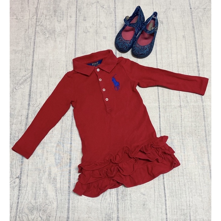 二手正品polo-Ralph Lauren大馬標女童兒童紅色荷葉裙擺洋裝 2T