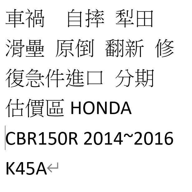 《YW8》車禍  自摔 犁田 滑壘 原倒 翻新 修復急件進口 分期 估價區HONDA CBR150R 2014~2016