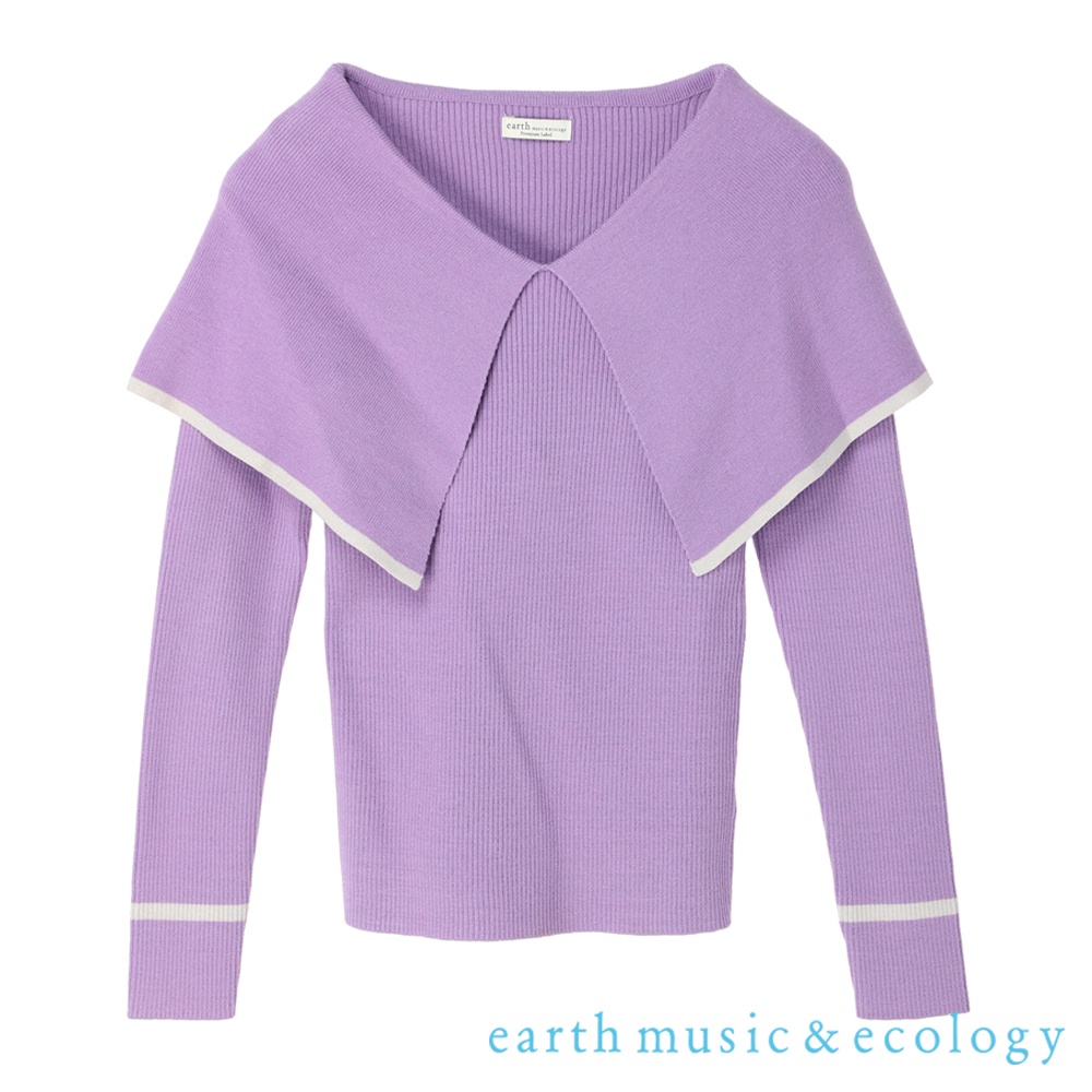 earth music&amp;ecology 條紋/素面大翻領設計羅紋針織衫(1M24L2C0200)