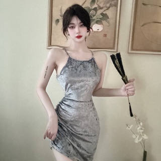 韓版氣質性感緊身包臀無袖不規則圓領絲絨銀色吊帶洋裝女