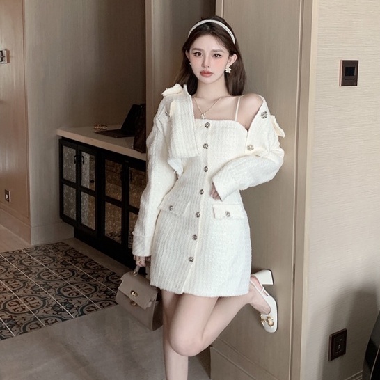 韓版休閒套裝女白色翻領單排扣毛呢長袖短外套+一字領緊身洋裝兩件套