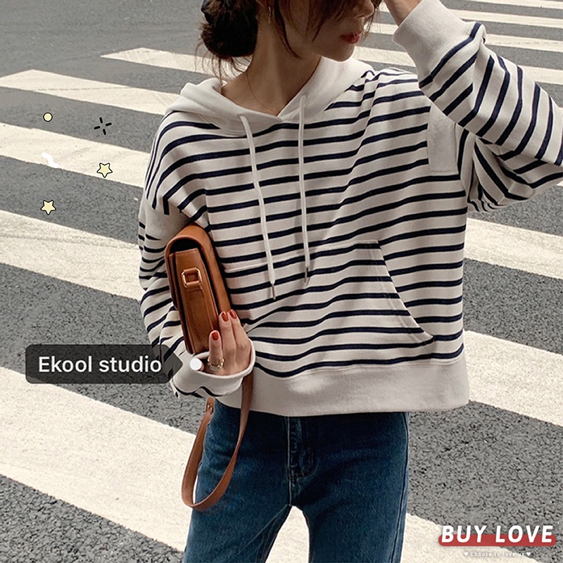 【買到戀愛】百搭條紋連帽衛衣 帽T 大學T 長袖 短版上衣 長袖上衣  女上衣 女裝 【FB23】