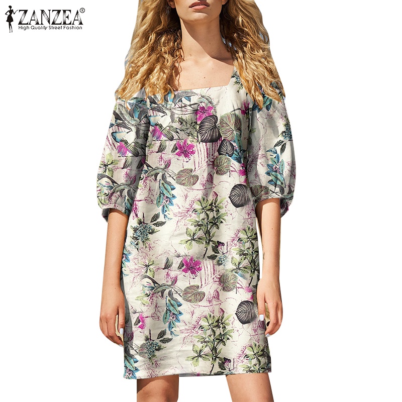 Zanzea 女士歐洲日常棉質花卉印花方領 3 / 4 袖連衣裙
