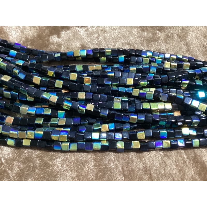 DIY 玻璃 黑色 水藍 幻彩 金屬光 方塊珠 方糖珠 4mm $25/20顆