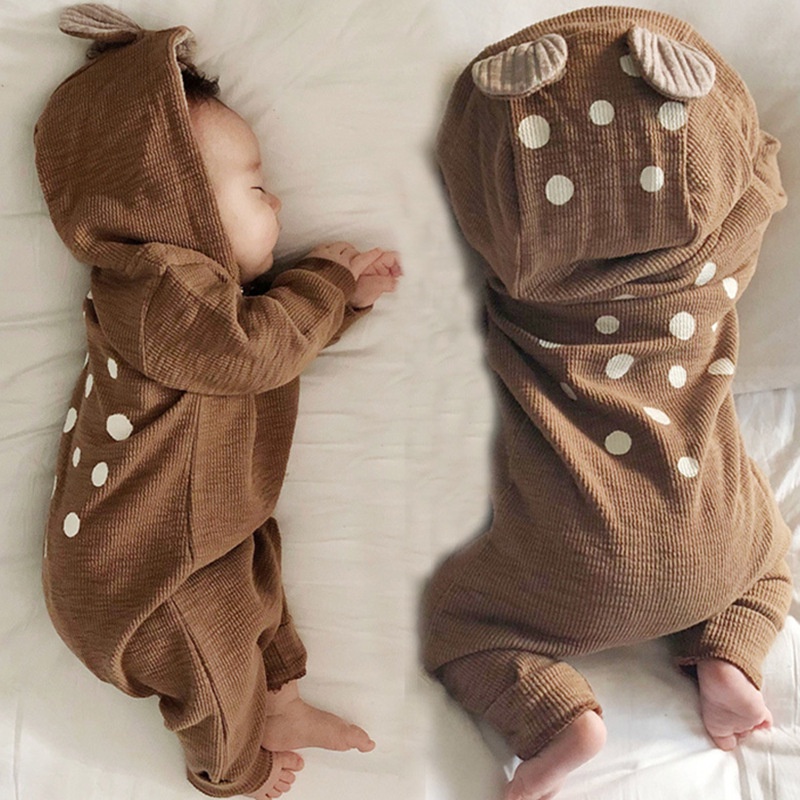 AKUI⚡韓版秋季嬰兒衣服 嬰幼兒連身衣 寶寶可愛小鹿造型長袖包屁衣  新生兒連身衣开衫拉链連帽爬服