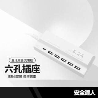 安全達人 六孔插座 5Type-A+Type-C 6.2A充電器 智慧分流保護 充電座 延長線 UB-06U 長1.5M