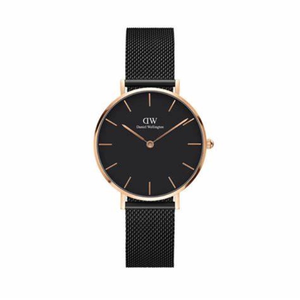 Daniel Wellington PETITE ASHFIELD系列 錶徑 : 32mm 黑面玫瑰金框黑色米蘭錶帶女錶